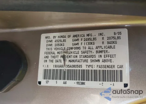 2005 Acura Tl from USA, damaged, VIN 19UUA662X5A080565